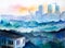 Hand-painted watercolor foggy morning city dawn sunrise illustration