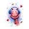 Hand painted watercolor illustration of a pig girl who wearing scarf with red and white stripes blue fur headphones on