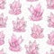 Hand painted watercolor and ink pink cluster crystals seamless pattern on the white starry background.