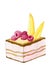 Hand painted watercolor layered cake decorated with raspberries and mango