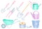 Hand-painted watercolor pastel gardening tools, with watering cans, bucket, wheelbarrow and more.