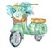 Hand painted watercolor retro scooter with mint gold peonies flowers