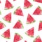Hand painted watercolor seamless texture with watermelon slices isolated on white. Repeating summer fruit background. Bright and j