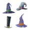 Hand painted witch and wizard hat set. Watercolor cartoon style illustration. Various funny magician hat element