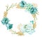 Hand painted wreath of watercolor mint gold flowers