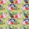 Hand painting seamless background pattern inspired by chinese Korean and Japan kimono pheonix or pheasant flower blossom botanical