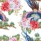 Hand painting seamless background pattern inspired by chinese Korean and Japan kimono pheonix or pheasant flower blossom botanical