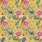 Hand painting seamless background pattern inspired by chinese Korean and Japan kimono pheonix or pheasant flower blossom botanical