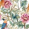 Hand painting seamless background pattern inspired by chinese Korean and Japan kimono pheonix or pheasant flower blossom botanical