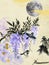 Hand painting wisteria flower bouquet mountain tree boat and moon inspired by china Korea and Japan splash gold brush ink oriental