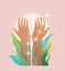 Hand palms and arms raised pray for nature and environment, spiritual symbol, nature awareness.