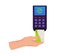 Hand paying with credit card via wireless NFC terminal, flat vector isolated.