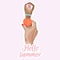 Hand with peach. Stylish sun-tanned lady dressed in trendy swimsuit and in a baseball cap standing backwards.