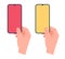 Hand with phone. Color screen as symbol of yellow and red card in soccer. Sport game competition. Football rules. Foul