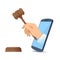 A hand through the phone`s screen holds a wooden gavel.