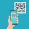 Hand with phone scanning qr code. Flat style icon.