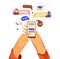 Hand with phone vector cartoon illustration. Smartphone with messenger, online chat, like and social engagement