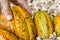 A hand is picking cocoa fruit., raw cacao beans, Cocoa pod background