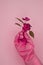 Hand, pink glove, flower, pink background