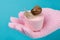 Hand in pink glove holds pink container for cosmetics, snail sits on top, concept, on turquoise background