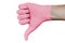 Hand in pink medical glove showing disapproval thumbs down sign isolated on white background