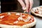 Hand, pizza, cooking, meat of chiken, pizza crust, chef prepares delicious pizza at home, pizza with chicken,