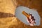 A hand places a pet treat in a paper bag.A mature man`s hand holds dried beef tendons for dogs over an open brown bag.  Shot from