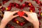 Hand placing heart in centre of red potpourri heart