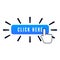 Hand pointer with animation of action over blue button with text click here on white background. Web icons element. Vector