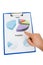 Hand pointing on colorful charts on clipboard