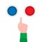 Hand points to blue and red selection buttons. Situation of choice, doubt, hesitation. Vector illustration
