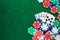 Hand of Poker, straight flush and chips frame on a felt green background. Top view and copy space