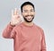 Hand, portrait and okay sign by man in studio with yes, vote or approval gesture against grey background. Finger, emoji