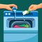 Hand pour liquid and detergent to washing machine. laundry instruction symbol illustration vector