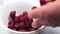 Hand pouring a bunch of dried rose hips into a white ceramic steeping dish