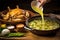 hand pouring chicken broth into a pot with tortillas and chicken pieces