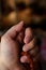 Hand of prayer holding rudraksha beads or rosary.