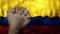 A hand praying with Flag of Colombia as background.