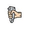 Hand with prehistoric stone, ancient rock knife flat color line icon.