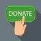 Hand presses button to donate icon, flat style