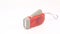 Hand pressing LED flashlight red plastic holder with hand rope