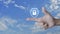 Hand pressing padlock with shield flat icon over blue sky with white clouds, Business security insurance concept