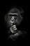 Hand props his head. Monkey anthropoid gorilla female. a symbol of brooding rationality and heavy thoughts. isolated black