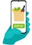 A hand in a protective glove holds a smartphone and orders food in the app. secure contactless delivery and shopping concept