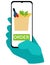 A hand in a protective glove holds a smartphone and orders food in the app. secure contactless delivery and shopping concept