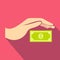 Hand protects dollar banknote icon, flat style