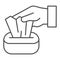 Hand pulling paper tissue thin line icon. Preventive measures Covid-19 spread symbol outline style pictogram on white