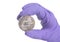 Hand in Purple Glove holds coin Dash Crypto Currency.Mining concept.