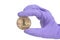 Hand in Purple Glove holds Litecoin Crypto Currency.Mining concept.