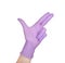 Hand in a purple latex glove isolated on white. Woman`s hand gesture or sign isolated on white